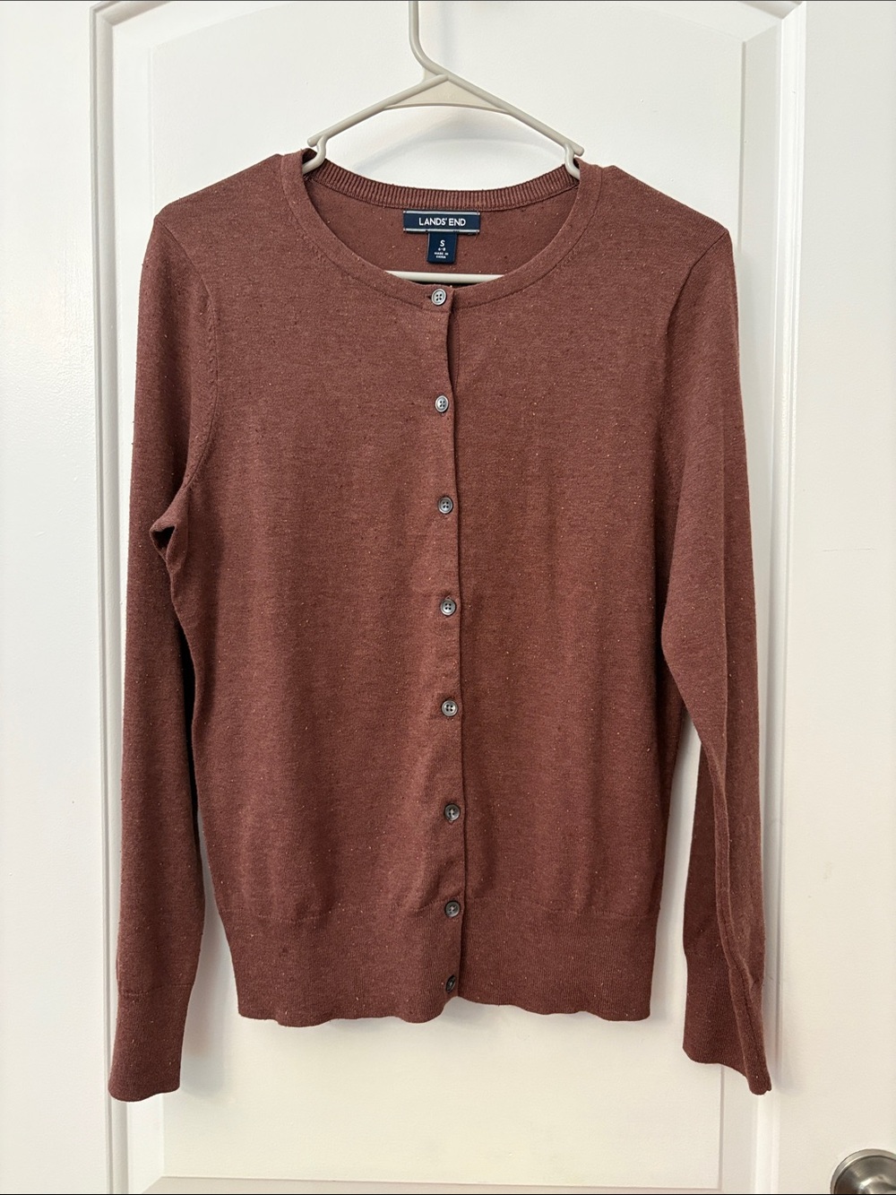 Lands' End Button-Up Crewneck Cardigan in Brick